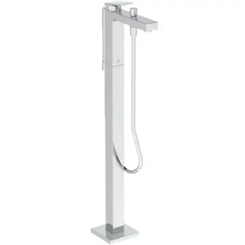 Freistehender Badezimmerarmatur von Ideal Standard mit hoher Säule und abnehmbarer Handbrause im zeitlosen Design aus verchromtem Material.